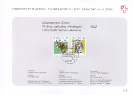 Suisse Poste Obl Yv:1389/1390 Animaux Bern 24-1-92 Feuillet PTT Fdc - FDC