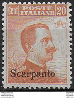 1921-22 Egeo Scarpanto 20c. Arancio MNH Sassone N. 11 - Autres & Non Classés