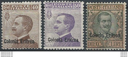 1916 Eritrea VE III Ordinaria Mc. 3v. MNH Sassone N. 38/40 - Altri & Non Classificati
