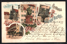 Lithographie Nürnberg, Bratwurstglöcklein, Gänsemännchen, Frauenkirche  - Nuernberg