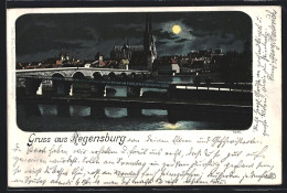 Lithographie Regensburg, Ortspanorama Hinter Brücken  - Regensburg