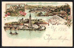 Lithographie Passau, Ortsansicht, Oberhaus, Ruderpartie  - Passau