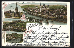 Lithographie Passau, Panorama Vom Stadtberg, Ortsansichten Hals U. Oberhaus  - Passau