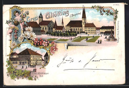Lithographie Altötting /Bay., Hotel Altöttinger Hof, Ortspartie Mit Kirchen Und Anlagen  - Hof