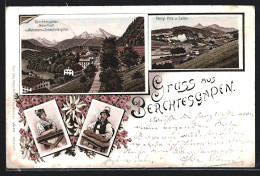 Vorläufer-Lithographie Berchtesgaden, 1895, Königl. Villa Und Saline, Nonnthal Mit Watzmann Und Schönfeldspitze  - Berchtesgaden