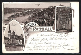 Vorläufer-Lithographie Passau, 1894, Rathausthurm U. Domthürme, Dominneres, Totalansicht  - Passau