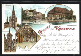 Lithographie Konstanz, Inselhotel, Conciliumgebäude, Schnetzthor  - Konstanz