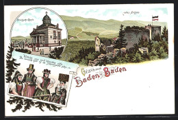 Lithographie Baden-Baden, Griechische Kapelle, Altes Schloss, Frauen In Trachten  - Baden-Baden