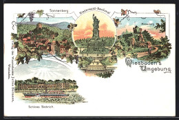 Lithographie Wiesbaden, Sonnenberg, Niederwald-Denkmal, Moosburg, Schloss Biebrich  - Wiesbaden