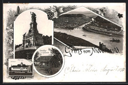 Lithographie Bingen Am Rhein, Eremitage A. D. Niederwall, Jagdschloss, Niederwalddenkmal  - Caza