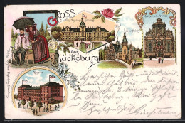 Lithographie Bückeburg, Kaserne, Lutherische Kirche, Neues Palais, Fürstl. Residenz-Schloss  - Bueckeburg
