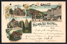Lithographie Bad Grund /Harz, Römers Hotel, Villa Römer, Kaiser-Denkmal Am Hübichenstein  - Bad Grund