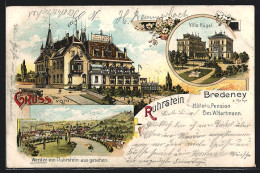 Lithographie Bredeney, Hotel & Pension Auf Dem Ruhrstein, Ortsansicht, Villa Hügel  - Other & Unclassified