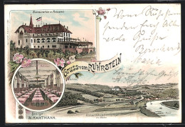 Lithographie Essen /Ruhr, Gasthof Ruhrstein, Gasthaus Zum Ruhrstein, Inneres Saal, Panorama Mit Villa Hügel  - Essen