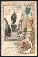 Passepartout-Lithographie Wiesbaden, Kaiser Friedrich-Denkmal, Dame Mit Wappen  - Autres & Non Classés