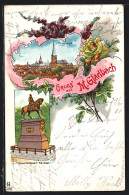 Lithographie Mönchengladbach, Kaiser Wilhelm I. Denkmal, Panorama Mit Kirche, Blumen  - Mönchengladbach