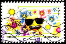 France Poste AA Obl Yv:1562 Mi:7008 Emoji Avec Lunettes De Soleil & Fleurs (TB Cachet Rond) - Gebraucht