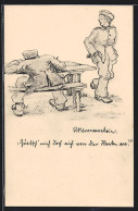 Künstler-AK Soldatenhumor, Brief Schreibender Feldgrauer Und Kamerad  - Weltkrieg 1914-18