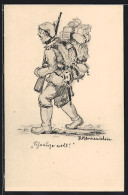 Künstler-AK Soldatenhumor, Deutscher Infanterist Mit Pickelhaube & Gewehr Beladen Wie Ein Packesel  - War 1914-18