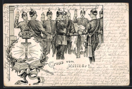 AK Soldaten Mit Pickelhaube Beim Treueschwur, Jesuskreuz, Kranz, Buch  - Guerra 1914-18
