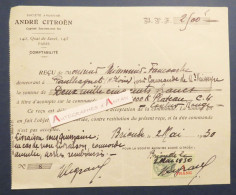 ● S.A André CITROEN 1930 - Reçu De M. Missonnier à Paulhaguet (Haute Loire) - Brioude - Fiscal 1F - Auto's