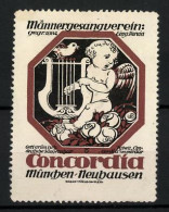 Reklamemarke München-Neuhausen, Männergesangsverein Concordia, Engel Mit Lyra Auf Einem Rosenbett  - Cinderellas