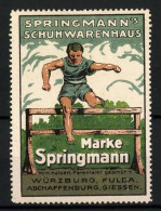 Reklamemarke Springmann Sportschuhe, Schuhwarenhaus Springmann, Würzburg & Fulda, Sportler Beim Hürdenlauf  - Erinnofilie