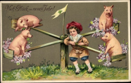 Gaufré CPA Glückwunsch Neujahr, Schweinchen Und Junge Auf Dem Spielplatz, Glücksklee - Nouvel An