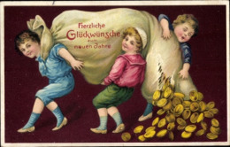 CPA Glückwunsch Neujahr, Kinder Mit Geldsack, Goldene Münzen - Nouvel An