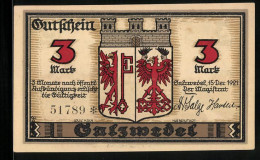 Notgeld Salzwedel 1921, 3 Mark, Wappen, Gesamtansicht Mit Windmühle  - [11] Local Banknote Issues
