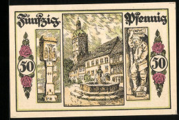 Notgeld Sangerhausen 1921, 50 Pfennig, Rosen, Wappen, Ortspartie Mit Brunnen, Figur, Säulendenkmal  - [11] Local Banknote Issues