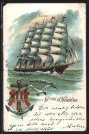 Lithographie Hamburg-Wappen Und Segelschiff Potosi  - Segelboote
