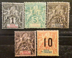 COTE D'IVOIRE 1892 - 1912, Type Groupe 5 Timbres Yvert No 1,4,5,8,38, Neufs * MH TB - Nuevos