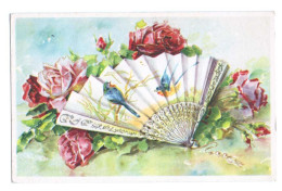 Très Jolie Illustration - ÉVENTAIL - Roses - Hirondelles - Style Japonisant - Japon - Romantique - 1900-1949