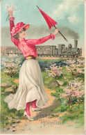 N°25060 - Carte Gaufrée - Pentecôte - Fröhliche Pfingsten - Jeune Femme Tenant Une Ombrelle Saluant Un Train - Pinksteren