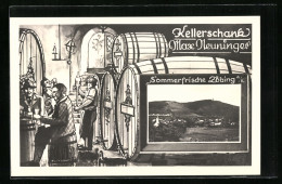 Passepartout-AK Zöbing A. Kamp, Gasthaus Kellerschank Max Neuninger, Keller Mit Gästen, Ortsansicht Aus Der Ferne  - Other & Unclassified