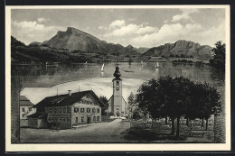 Künstler-AK Zell Am Moos, Gasthof Bahn Mit Strasse, Garten U. Kirche, Irrsee Mit Bergpanorama  - Other & Unclassified