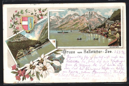 Lithographie Hallstatt, Ortsansicht Mit See, Zwölferkogel Und Hierlats, Wappen, Gosau-Mühle, Blumen  - Otros & Sin Clasificación