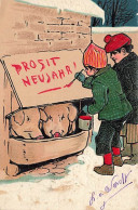 N°25064 - Carte Gaufrée - Prosit Neujahr - Garçon Peignant Sur L'abri De Cochons - Nouvel An