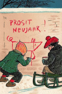 N°25065 - Carte Gaufrée - Prosit Neujahr - Garçon Peignant Sur Un Mur, Un Autre Assis Sur Une Luge - Neujahr