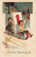 N°25076 - Carte Gaufrée - Nouvel An - Herzliche Neujahrsgrüsse - Couple D'enfant Sur Une Luge Avec Un éphéméride - New Year