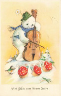 N°25078 - Nouvel An - Bonhomme De Neige Jouant Du Violoncelle Pour Un Oiseau Et Des Champignons Humanisés - Baumgarten ? - Nouvel An