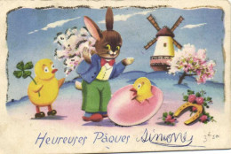 Carte à Systrme Heureuses Paques Poussin Lapin Humanisé Trèfle Fer à Cheval Moulin à Vent RV - Easter