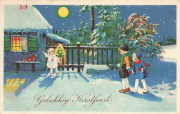 N°25086 - Noël - Gelukkig Kerstfeest - Enfants S'approchant D'une Maison, Et D'un Ange Apportant Un Sapin - Other & Unclassified