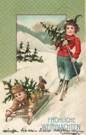 N°25087 - Carte Gaufrée - Noël - Fröhliche Weihnachten - Fillette Sur Des Skis, Et Un Garçon Allongé Sur Une Luge - Sonstige & Ohne Zuordnung