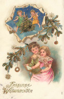 N°25088 - Carte Gaufrée - Noël - Fröhliche Weihnachten - Enfants Lisant Un Livre - Other & Unclassified