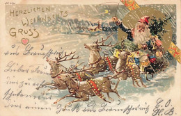 N°25090 - Herzlichen Weihnachts Gruss - Père Noël Dans Son Traîneau Rempli De Jouets, Tiré Par Des Rennes 1899 - Other & Unclassified