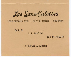 Les Sans-Culottes.Bar Lunch Dinner 7 Days A Week.1085 Second Avenue New York City. - Werbung
