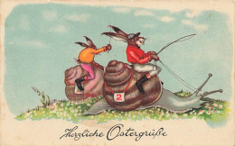 N°25093 - Pâques - Herzliche Ostergrüsse - Lièvres Sur Des Escargots Pour Une Course De Vitesse - Pasen