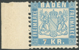 BADEN 25b **, 1871, 7 Kr. Hellblau, Linkes Randstück, Postfrisch, Pracht, Gepr. W. Engel, Mi. 110.- - Ungebraucht